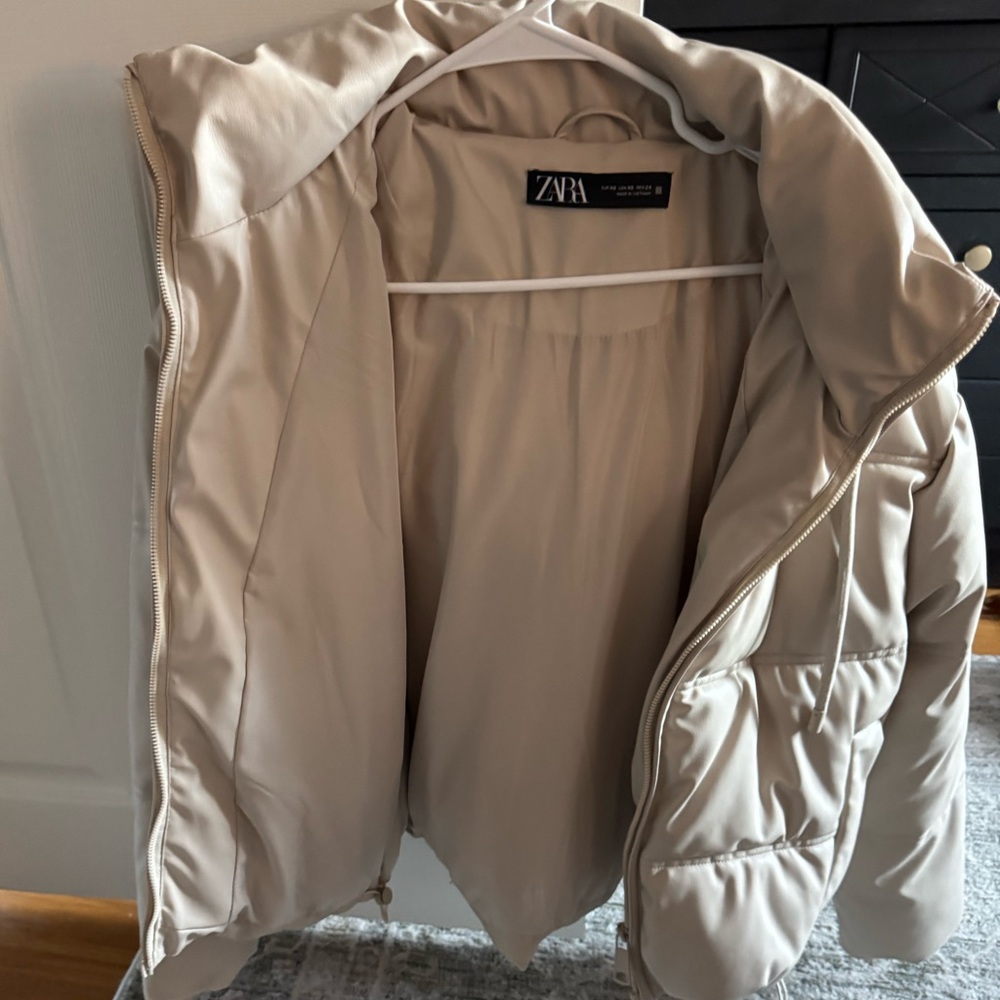 Zara tan leather puffer with hood